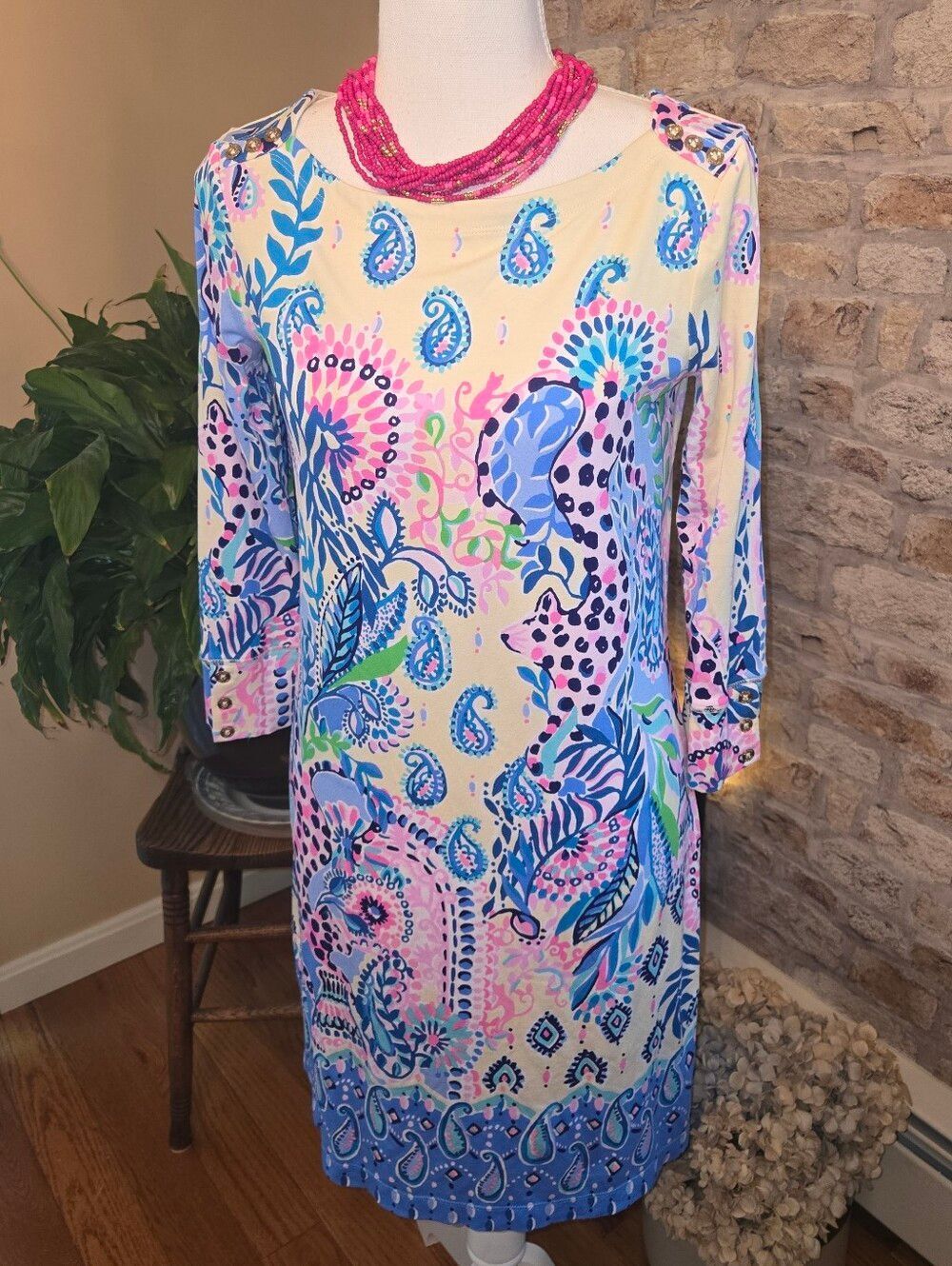 Lilly Pulitzer Cream Dress with Blue and Pink Floral Trim Size S